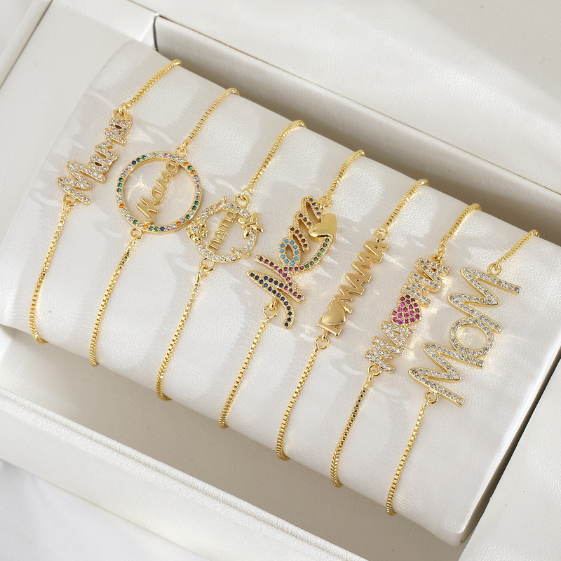 European and American Style Jewelry Mother's Day Gift Gold-Plated Copper Mom Letter Bracelet with Zircon Inlay and Adjustable Chain Versatile Bracelet