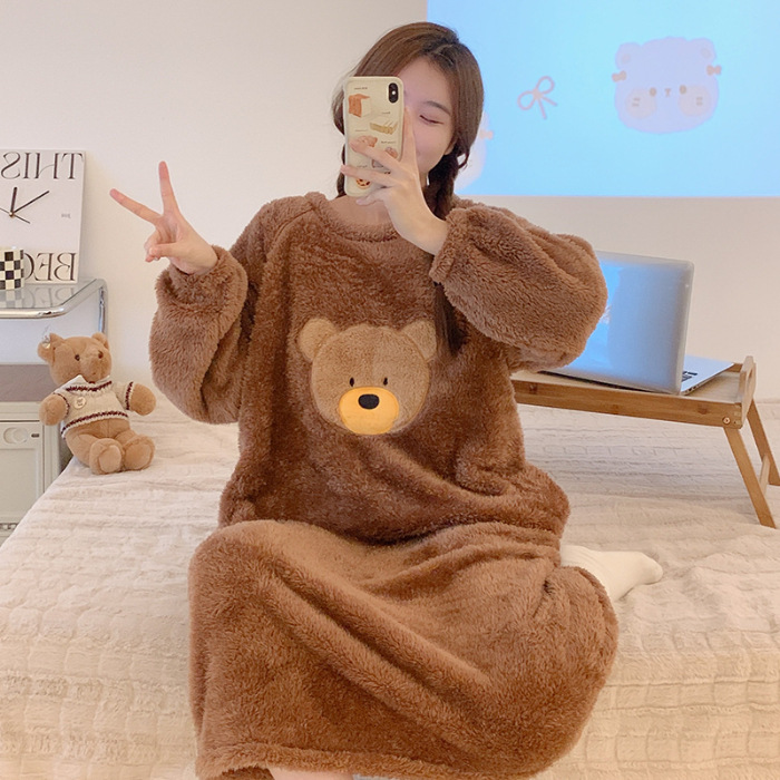 Pijamas de mujeres otoño invierno de franela lindo dibujo animado 2023 nuevo coral de lana gruesa falda cálida ropa para el hogar