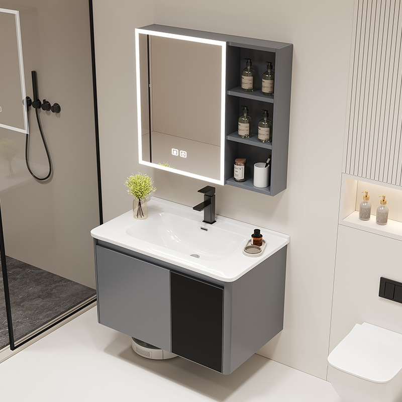 Crema estilo moderno minimalista baño lavado de lavado lavabo integrado de cerámica combinación espejo gabinete panal de aluminio gabinete de baño