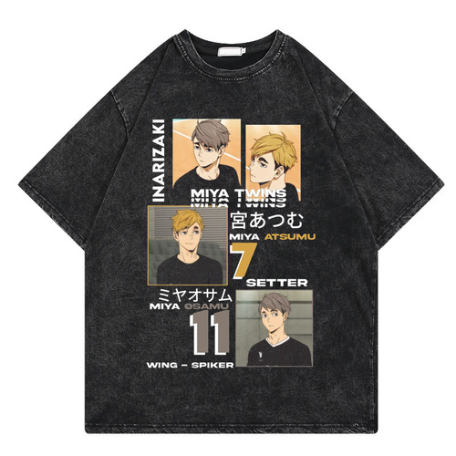 Water-wash Retro T-shirt Street Hip-hop Anime Haikyu Shonen Cartoon Print Graphic Casual Cotton Short Sleeve