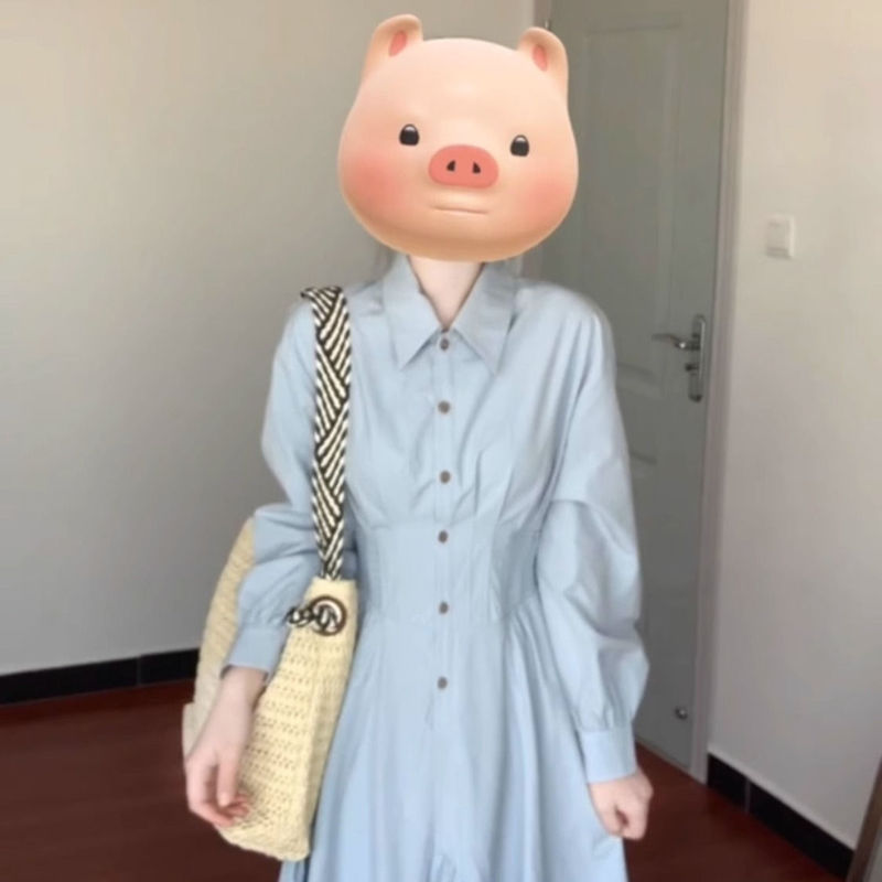 法式秋季收腰气质2025秋新款学院显瘦蓝色长裙长袖衬衫连衣裙学生|undefined
