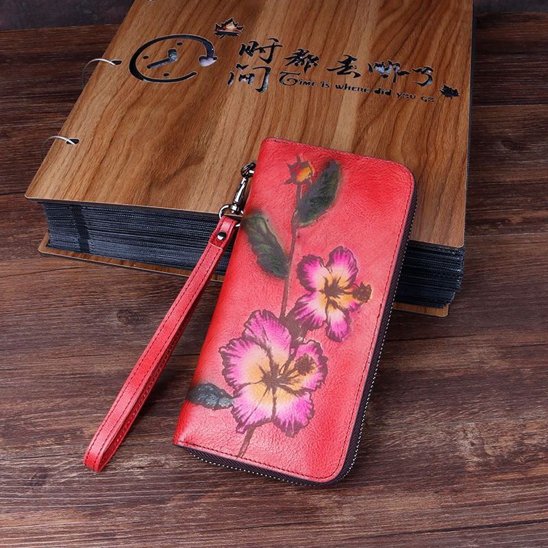 Cross-Border New Retro Style Genuine Leather Clutch Bag Texture First Layer Cowhide Women's Wallet Creative Cherry Blossom Wrist Bag Trendy Cross-Border New Retro Style Genuine Leather Clutch Bag Texture First Layer Cowhide Women's Wallet Creative Cherry Blossom Wrist Bag Trendy