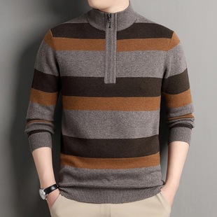 Fattened Middle-aged Large Cashmere Sweater Men's Thickened Sweater Half-turtleneck Winter Business Zipper Warm Size Stripe