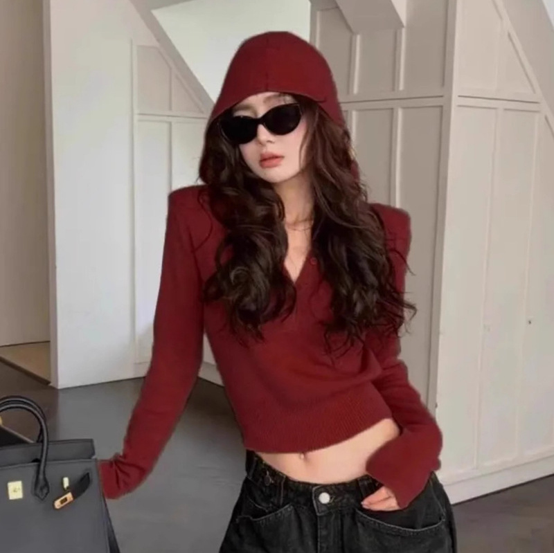 Ankora Red Hooded Knitted Bottoming Shirt for Women Early Autumn Slim Short Sweater Sweatshirt Design Slimming Look Top