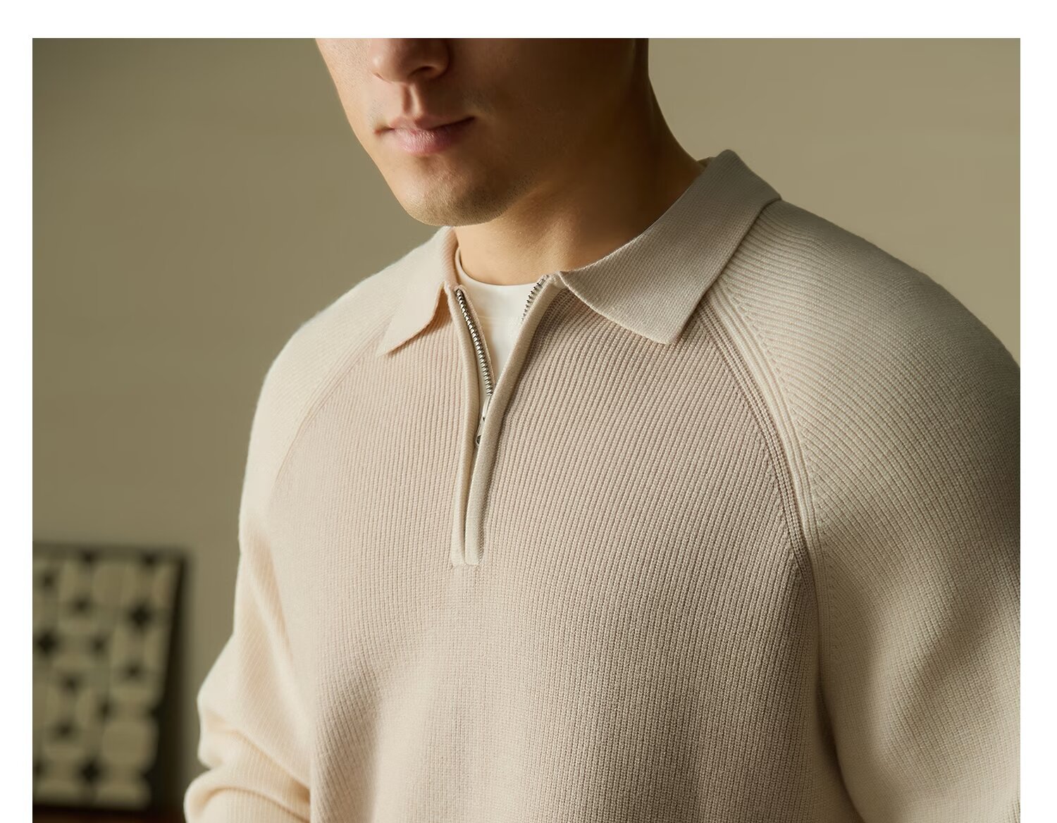 Maglione da uomo con collo a polo e mezza zip, vestibilità slim, maniche raglan, stile casual invernale, con bordi a contrasto_voghion.com