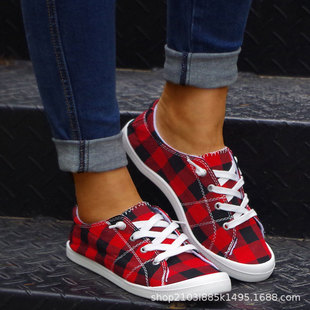 Women's American Christmas Women's Cloth Shoes Factory Spot Wholesale Foreign Trade Large Size Casual Fashion Big Red Plaid Women's Shoes