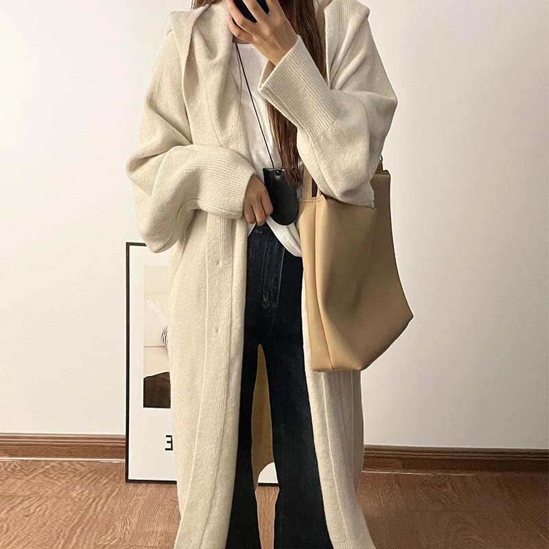 秋冬慵懒风长款毛衣开衫外套蝙蝠袖女连帽宽松韩版针织大衣A6142|undefined