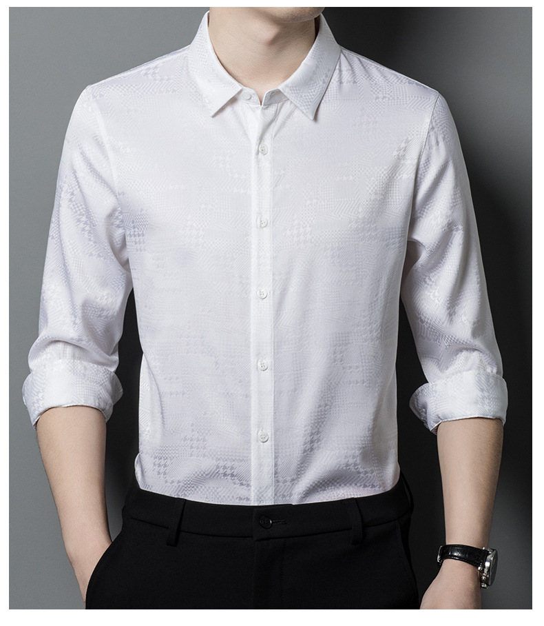 Áo sơ mi nam dài tay lụa tơ tằm cao cấp họa tiết jacquard không cần ủi — CS13 trắng chi tiết 12