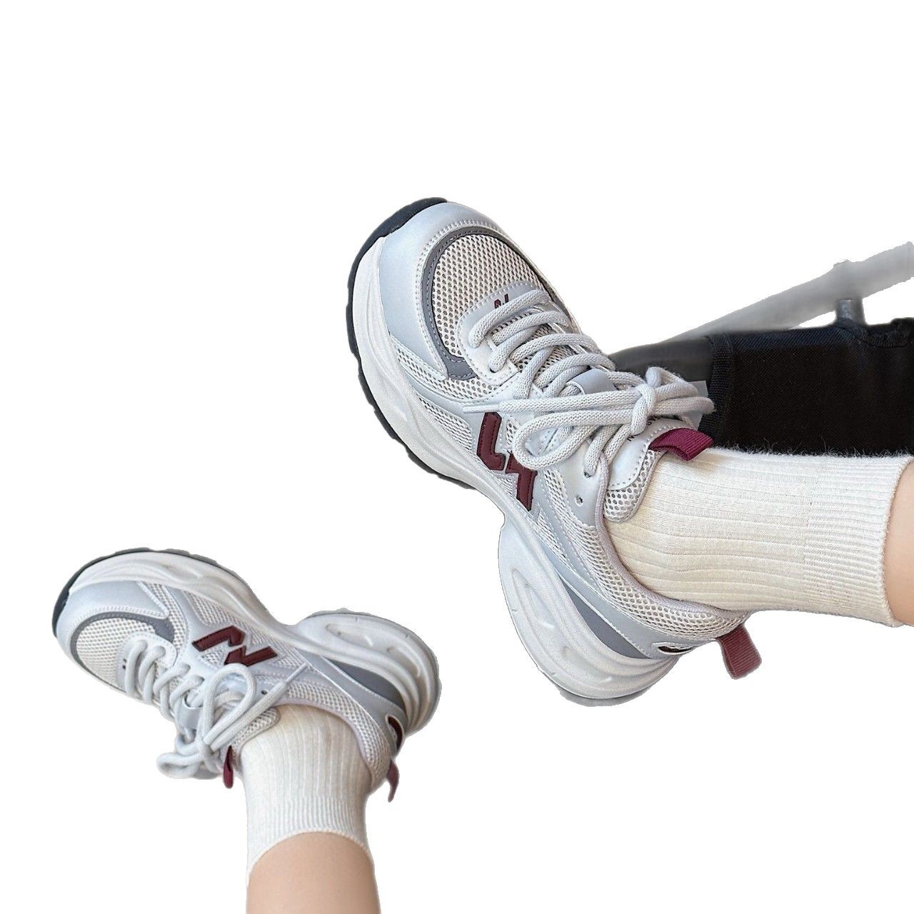 Giày sneaker chunky đế dày nữ lưới phối màu chữ N mùa xuân 2025 — Xám/màu đỏ, Màu be/nâu