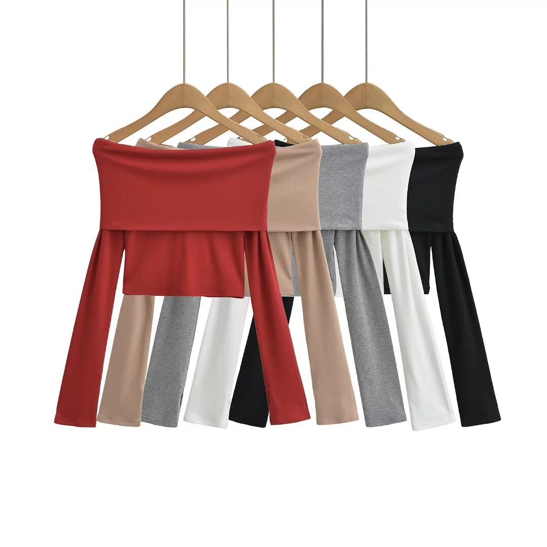 Футболка с открытыми плечами и длинными рукавами, европейский стиль, slim fit