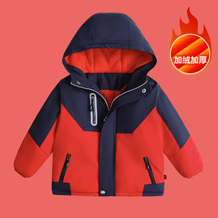 Printable logo badge 2024 winter children's clothing charge clothing fashion color matching hooded fleece-lined thickened outdoor