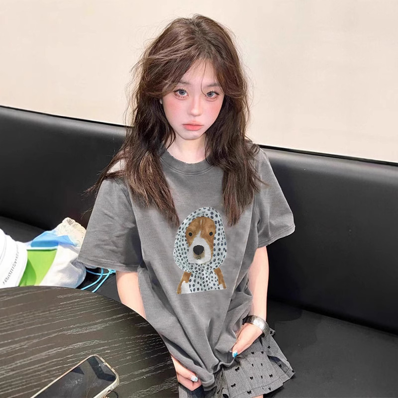 グレーの右肩半袖ピュアコットンTシャツ女性用2025新しい夏のルーズでハイエンドのレイジースタイルのプチトップ|undefined