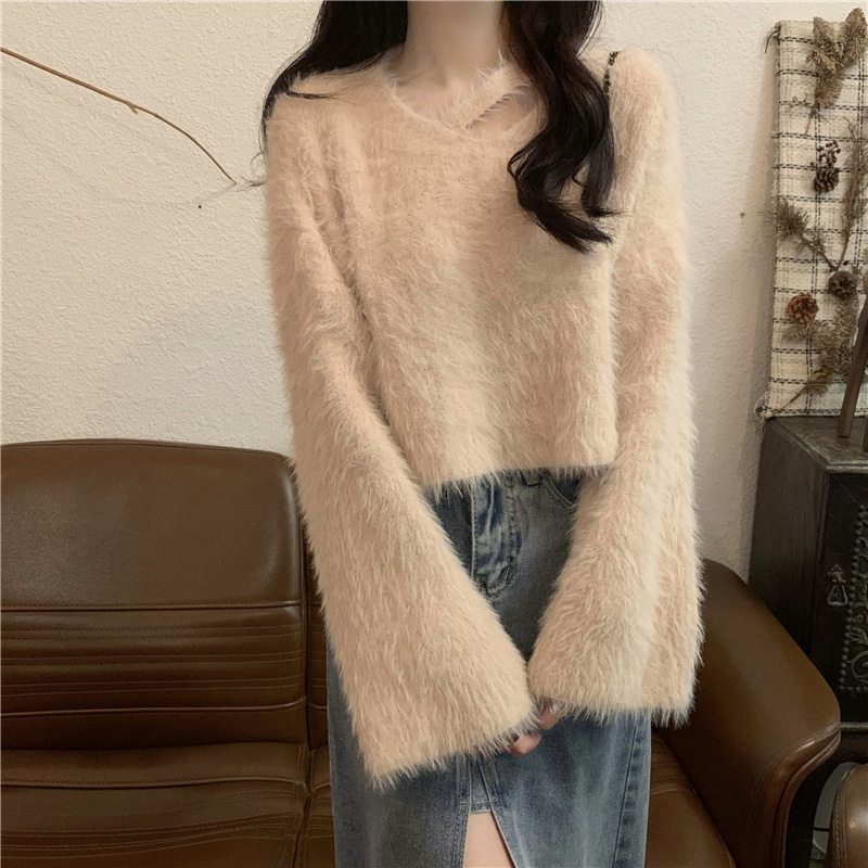露锁骨软糯仿貂绒短款毛衣女秋冬新款高级感别致长袖针织衫上衣女|undefined