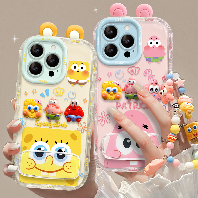 スポンジ・ボブのぬいぐるみブレスレット、Apple 16e、15promax、17、14対応のかわいい漫画風スマホケース、スタンド付き|undefined