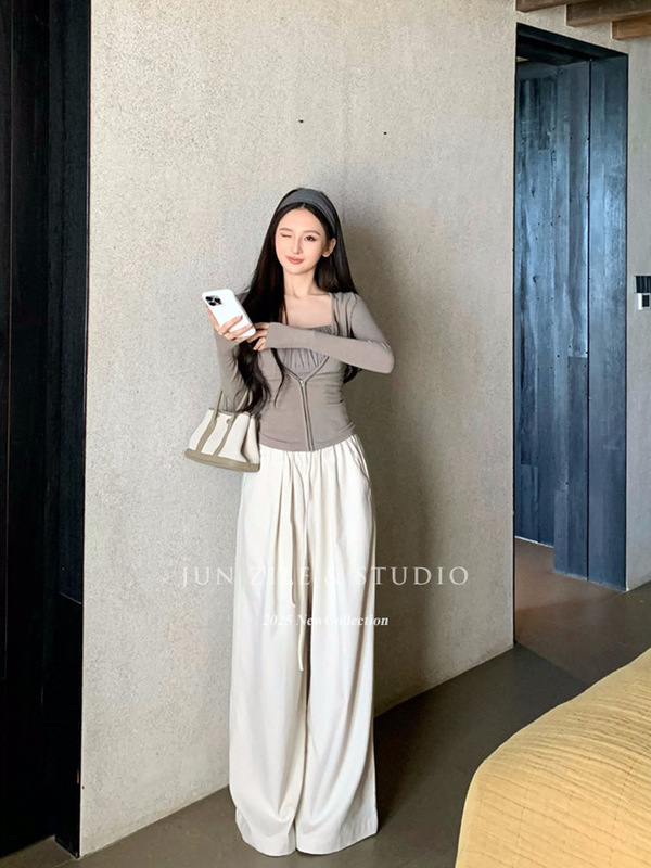 早秋套装女装纯欲风吊带背心内搭修身长袖开衫外套阔腿休闲长裤子|undefined
