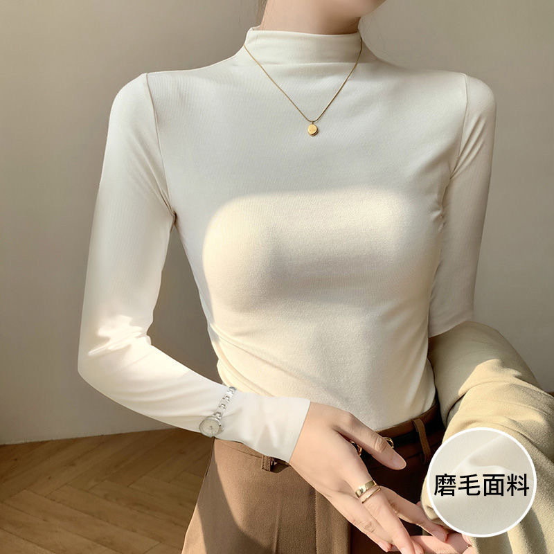 2026 otoño y invierno nuevo medio cuello de terciopelo negro camiseta de base femenina coreana gruesa camiseta de manga larga de doble cara image 4