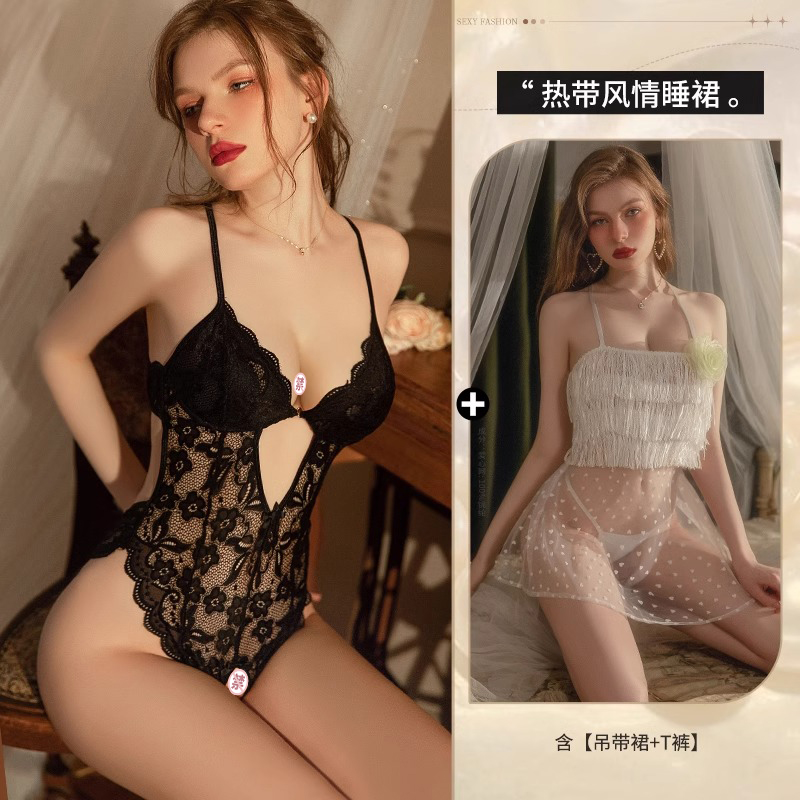 프렌치 레이스 크로치 점프수트 ◆ 블랙 + 트로피컬 스타일 잠옷