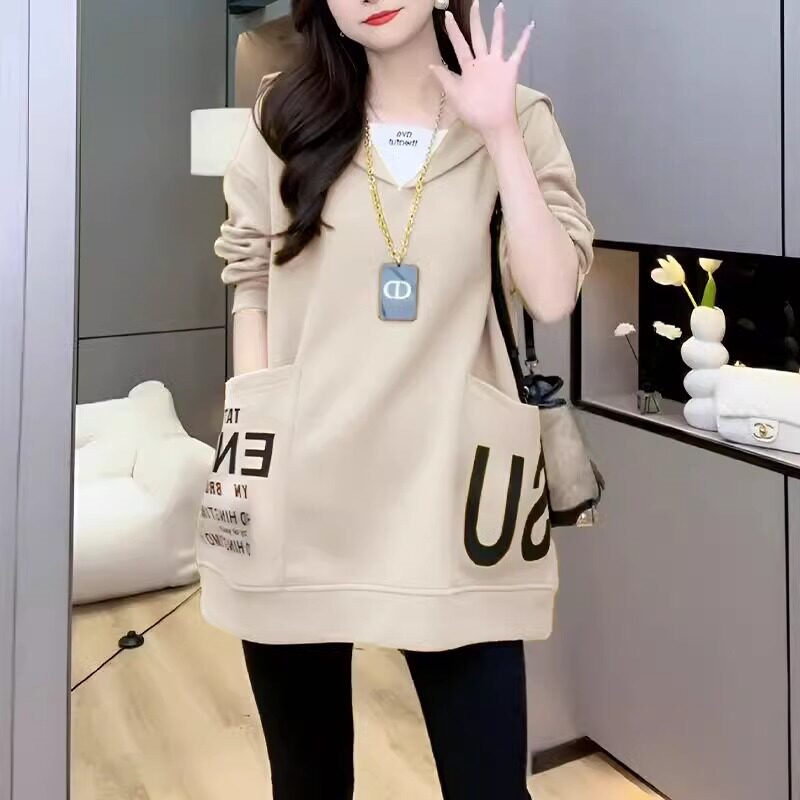 Cross-border plus-size spring and autumn faux two-piece loose slimming regular-shoulder sweatshirt for women, mid-length, tummy-covering top for plus-size women Cross-border plus-size spring and autumn faux two-piece loose slimming regular-shoulder sweatshirt for women, mid-length, tummy-covering top for plus-size women