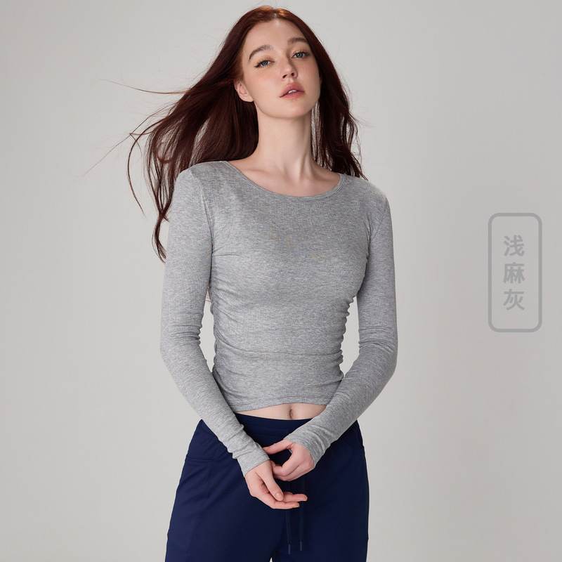 同吉瑜伽服女修身显瘦普拉提健身衣圆领螺纹跑步运动长袖瑜伽上衣|undefined