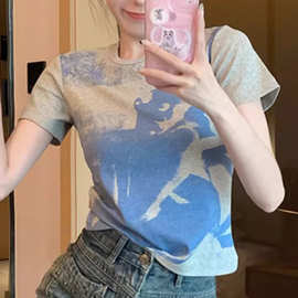灰色百搭t恤女短袖夏季小众修身显瘦港味chic正肩甜辣上衣甜酷风