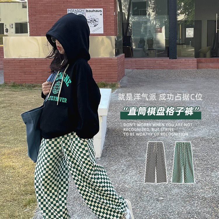 聪家童装女童棋盘格裤子2022秋装新款大童儿童格子卫裤直筒阔腿裤