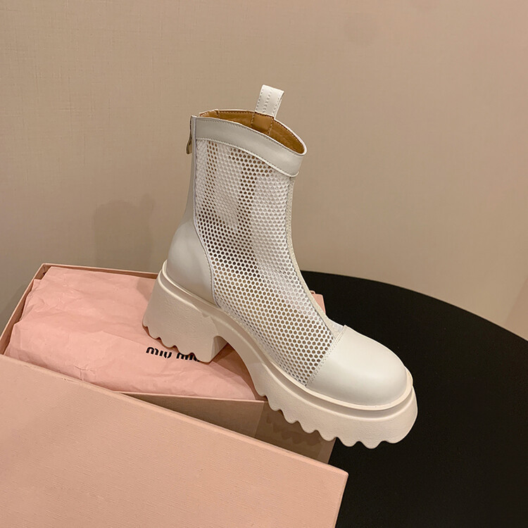 Boot nữ cổ cao đế dày gót bánh xốp da bò lưới thoáng khí xuân hè 2024 — Màu đen, Màu trắng be chi tiết 102