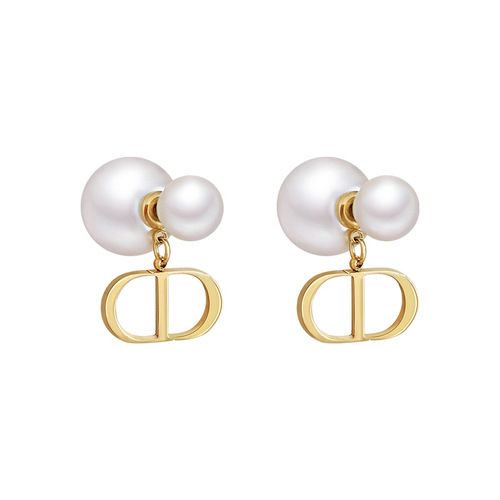 New baby same style D Dijia front and rear CD pearl earrings women's 925 silver needle earrings high-end and atmospheric ear jewelry
