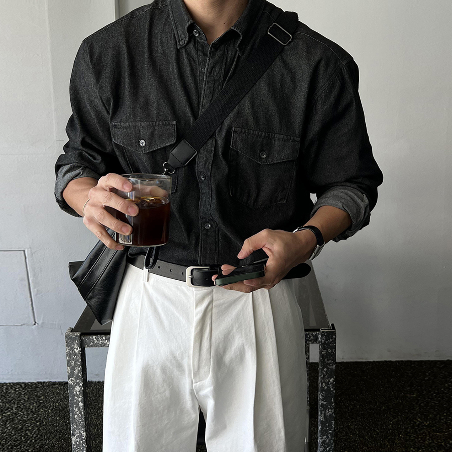 Men's washed long-sleeved denim shirt, spring and autumn style, retro Hong Kong style, high-end and cool black work shirt jacket