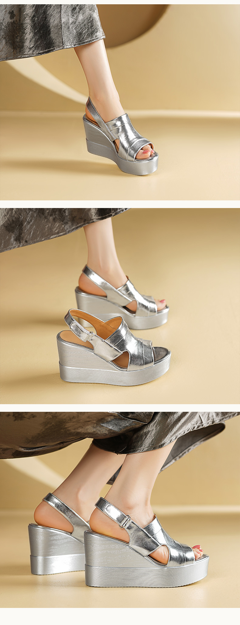 Sandal hở mũi nữ đế xuồng cao gót màu bạc phong cách La Mã đế dày độn cao — Màu vàng, Màu bạc chi tiết 4