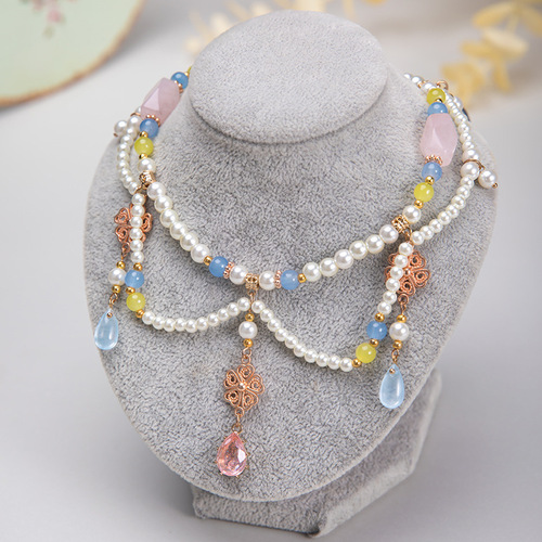 Ancient style soft pink crystal necklace, women's Hanfu accessories, glass pendant, Ming-made cheongsam, sweet jewelry 35GF214