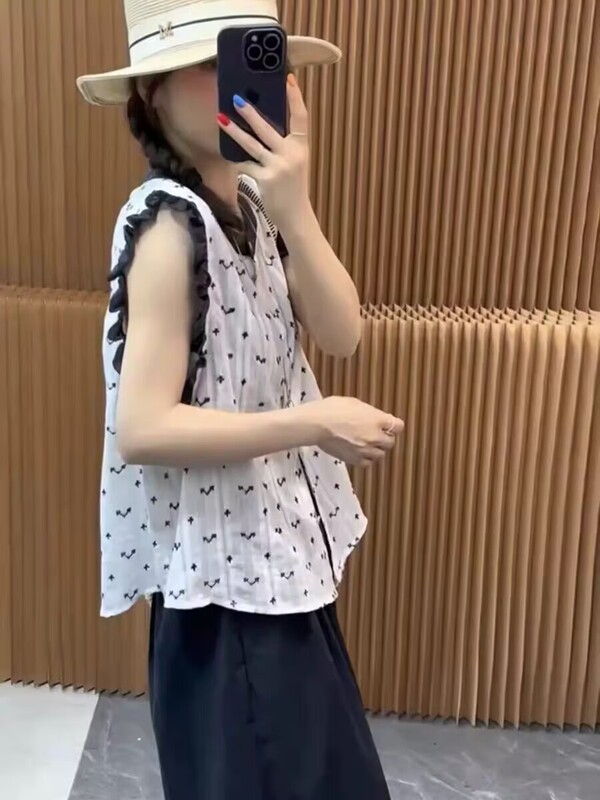 ヨーロッパステーション 2025 夏の新スタイルヨーロッパ韓国花柄耳シャツ女性の夏の甘いシャツベストトレンド|undefined