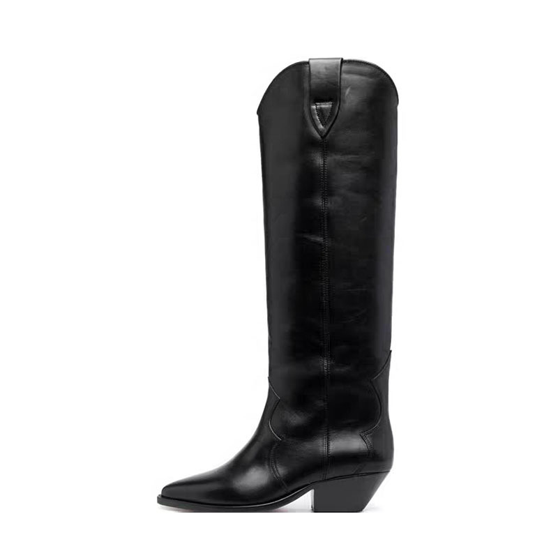 Black cowhide pointed toe chunky heel knee boots ~ European and American style stitching sleeve V-mouth mid heel western boots super plus size women's boots