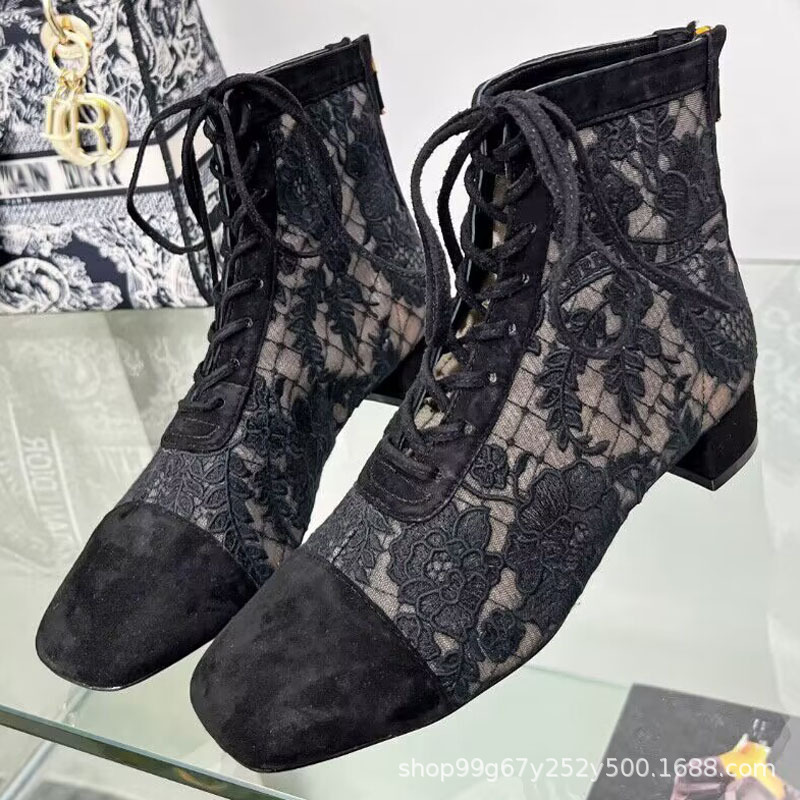 D Brand Spring and Summer Embroidered Jacquard 4inch Mesh Boots High Heels Bow Tie Color-Blocking Women's Shoes
