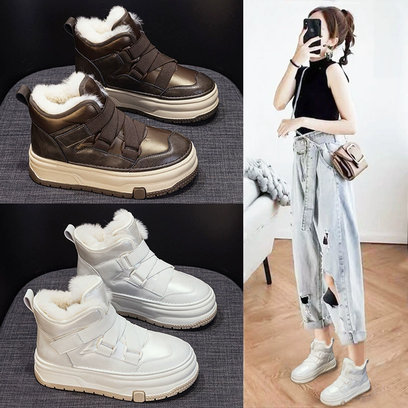 Зимние женские сапоги-сникерсы 2025 года в корейском стиле, утепленные флисом, на толстой нескользящей подошве, теплые, хлопковые, для интернет-знаменитостей