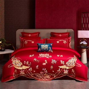 New Chinoiserie Cotton Long-Staple Cotton Embroidered Wedding Bedding Four-Piece Set Pure Cotton Embroidered Red Wedding Ten-Piece Set