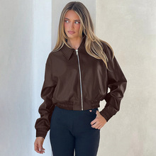 欧美风2025冬季新款潮流复古皮衣翻领拉链开衫外套上衣女外贸批发