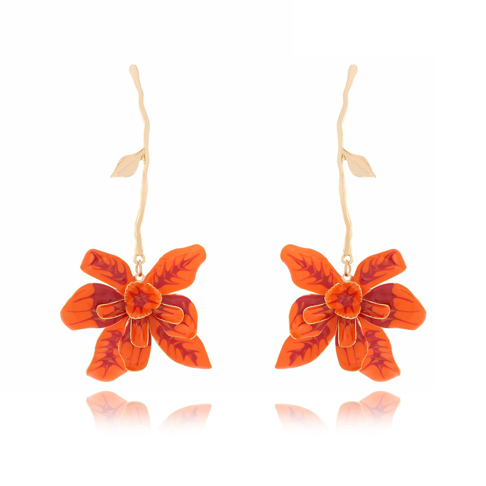 Za European and American Exaggerated Long Alloy Oil Drop Flower Pendant Earrings Personalized Retro Oil Flower Earrings Cross-Border Women