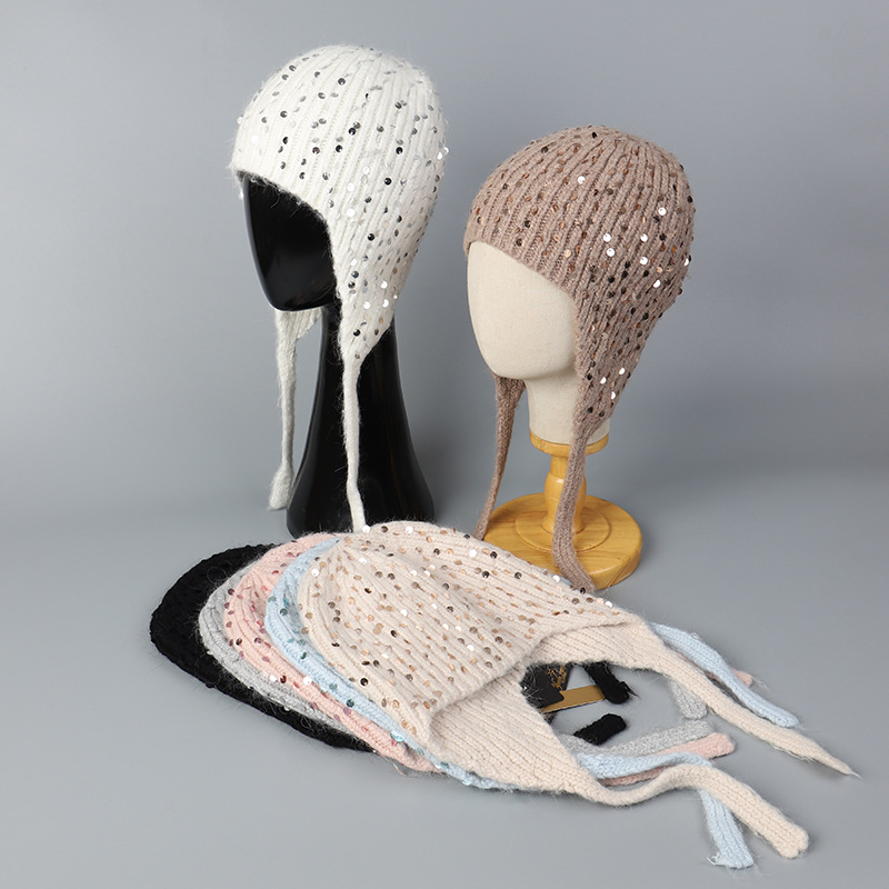 冬季保暖亮片兔毛针织帽护耳帽长飘带系带雷锋帽韩系纯色洋气帽子