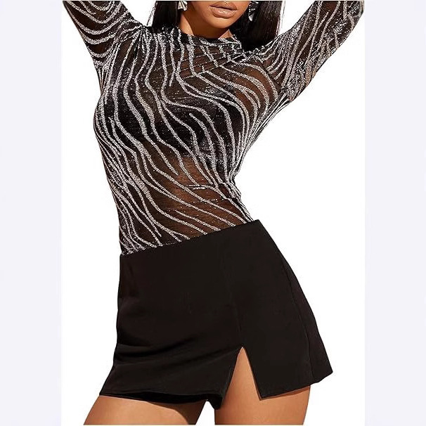 Women's Glossy Transparent Knitted Long-Sleeved Round Neck Top