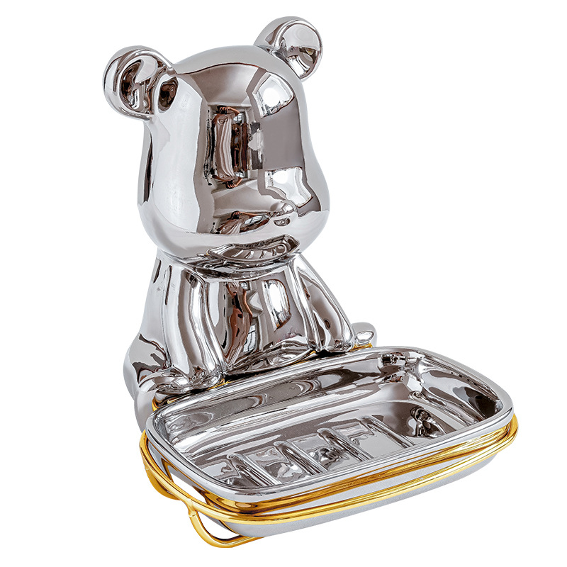 Luz nórdica de lujo ins Oso de cerámica caja de jabón titular de plato de jabón caja de jabón de almacenamiento montado en la pared del baño del hogar