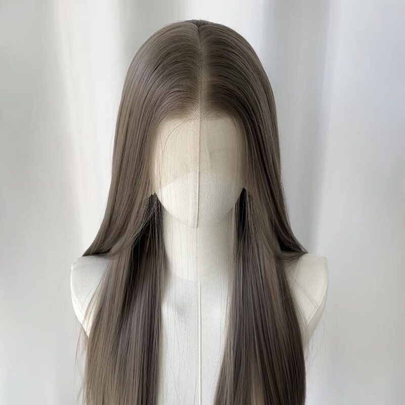 Natural Black Long Straight Front Lace Wig Full Head Set Rose Net Synthetic Fiber High Temperature Silk Wig Cross-Border Wholesale for Women