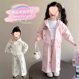 女童连帽拉链套装春秋儿童加厚运动服两件套小女孩卫衣卫裤两件套