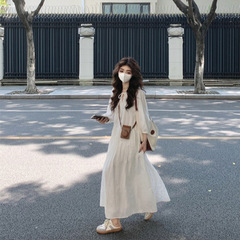 实拍 初秋日月光小白裙~超重工刺绣法式系带长裙女宽松长袖连衣裙
