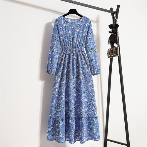 Women's Spring High-Waist Long-Sleeve Dress with Vintage Chiffon Floral Print Round Neck High-Waist Slimming Long Dress