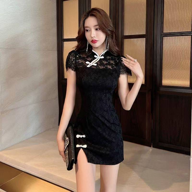 Chinese-Style Lace Qipao Dress, Short Slim-Fit Bodycon Skirt with Side Slit — detail image 1