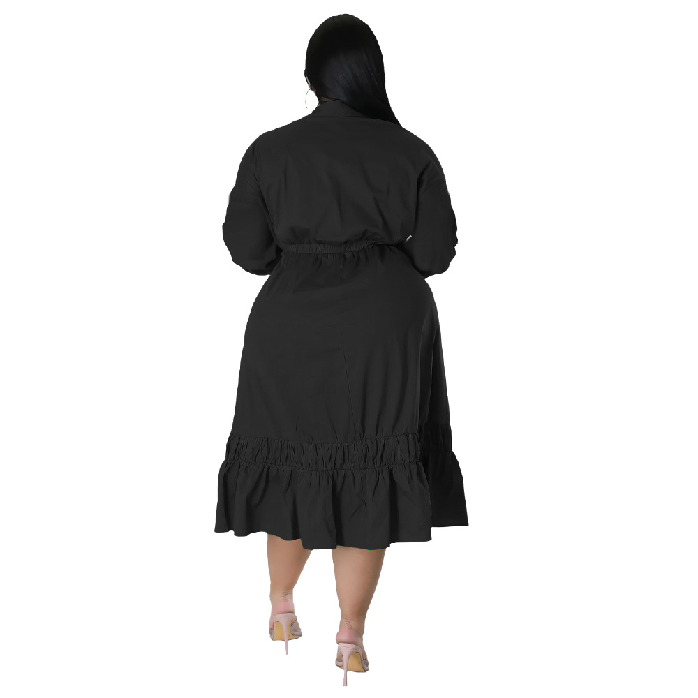 ChicShe N7679 2022 Solid Color Tie Bow Shirt Sleeve Loose Casual Ruffle Plus Size Dress_voghion.com