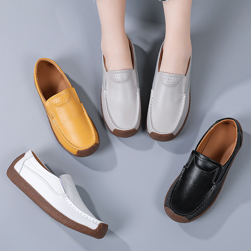 Spring and autumn single shoes for women, flat-soled flat-heeled beanie women's shoes, cowhide woven hollow snail shoes, large size women's shoes, casual mother's shoes