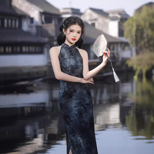 2024 spring and summer new mesh tie-dyed halter mid-length cheongsam single layer sleeveless off-shoulder elegant slim cheongsam