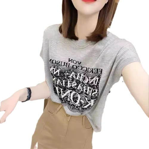 Summer New Letter Print Short Sleeve T-shirt for Women, Thin Design Fitted, Unisex Stylish, Loose and Casual Round Neck Top