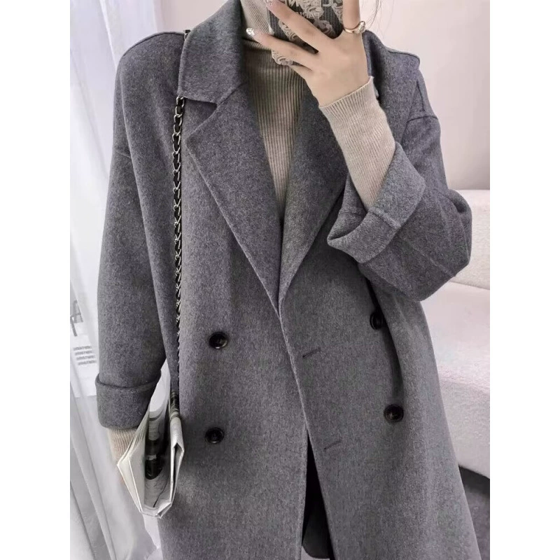 Double-sided woolen demi-season long jacket, cashmere, Korean style, loose fit, mid-length, plus size